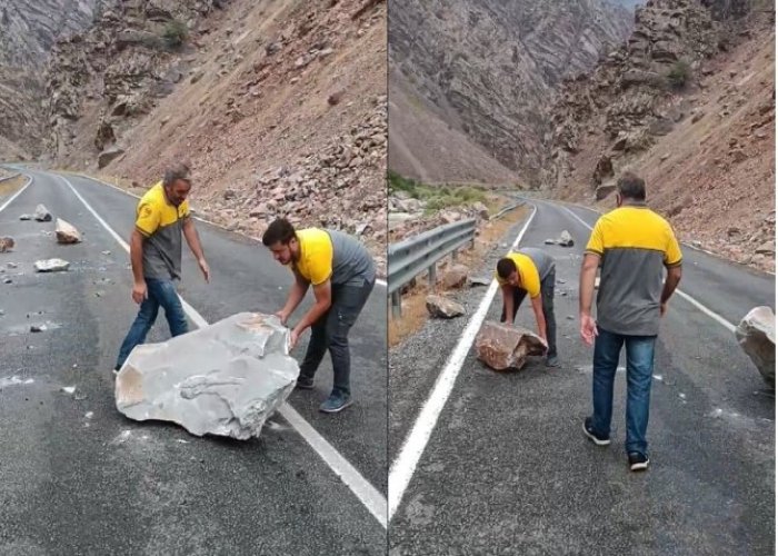 Çukurca karayoluna dağda kaya düştü