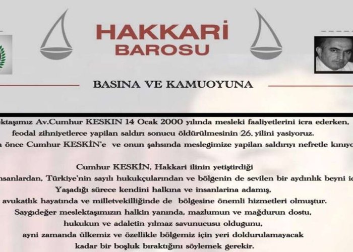 Hakkari Barosu’ndan Cumhur Keskin Mesajı